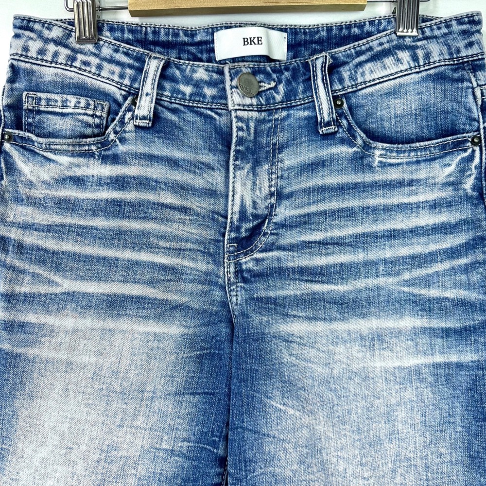 BKE Payton Blue Low Rise Denim Jean Shorts Womens 26 Whisker Fading Thick Stitch - Picture 2 of 7